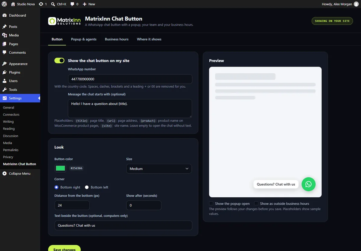 MatrixInn Chat Button settings: WhatsApp number, starting message with placeholders, colour, size and corner, with a live preview