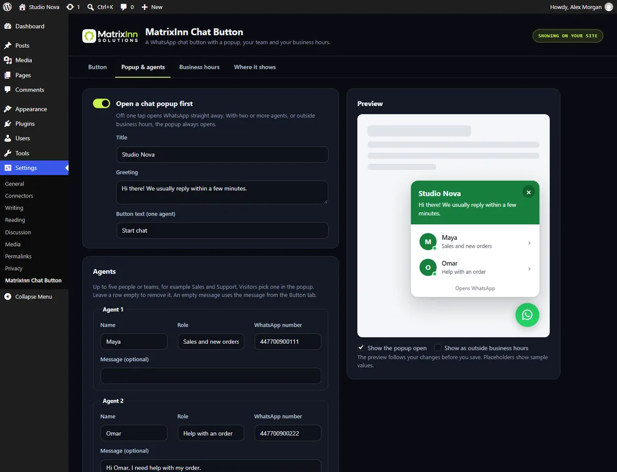 Popup and agents settings: popup title, greeting and button text, and agents with name, role and WhatsApp number