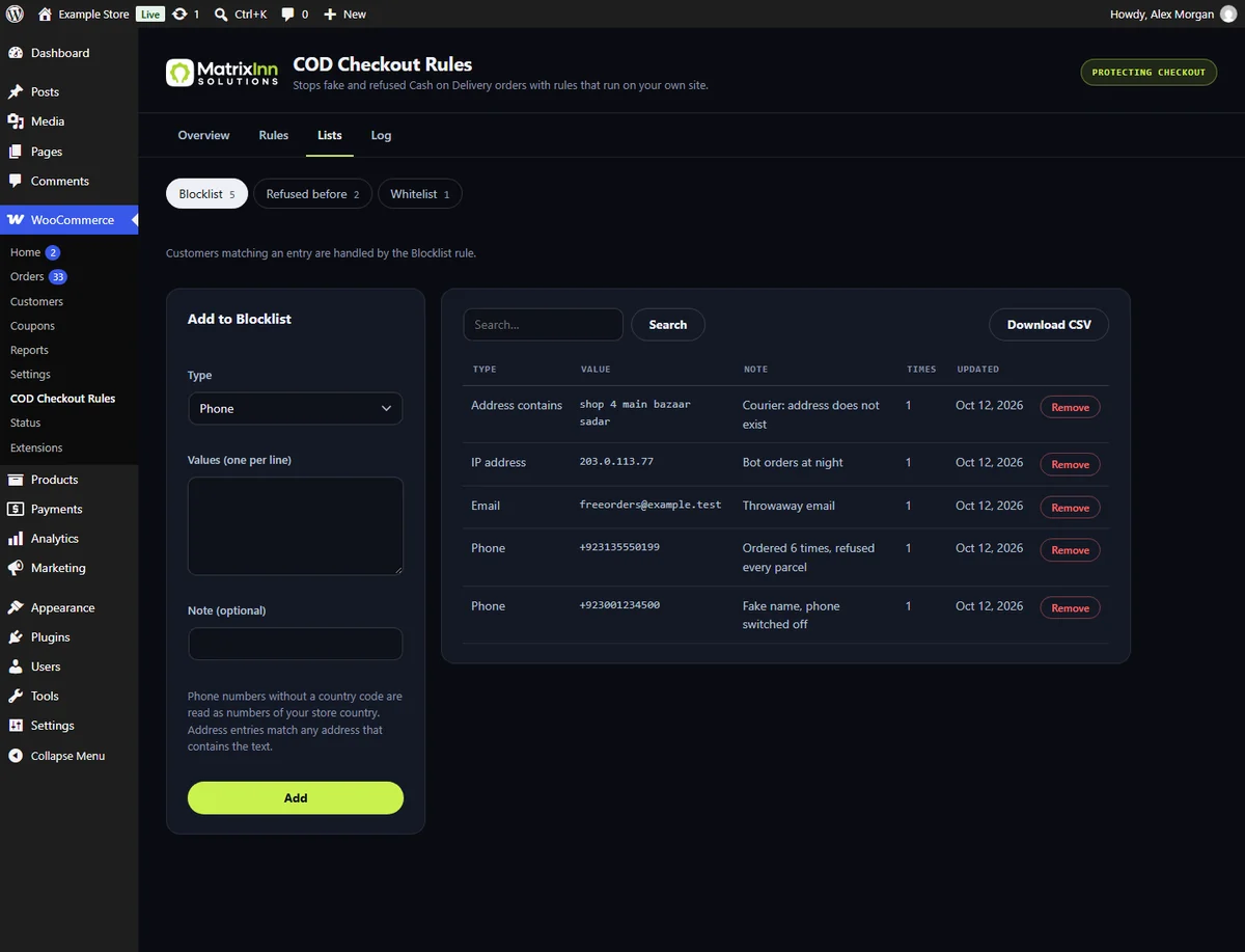 Blocklist with phone numbers, an email, an IP address and an address, and a form to add more
