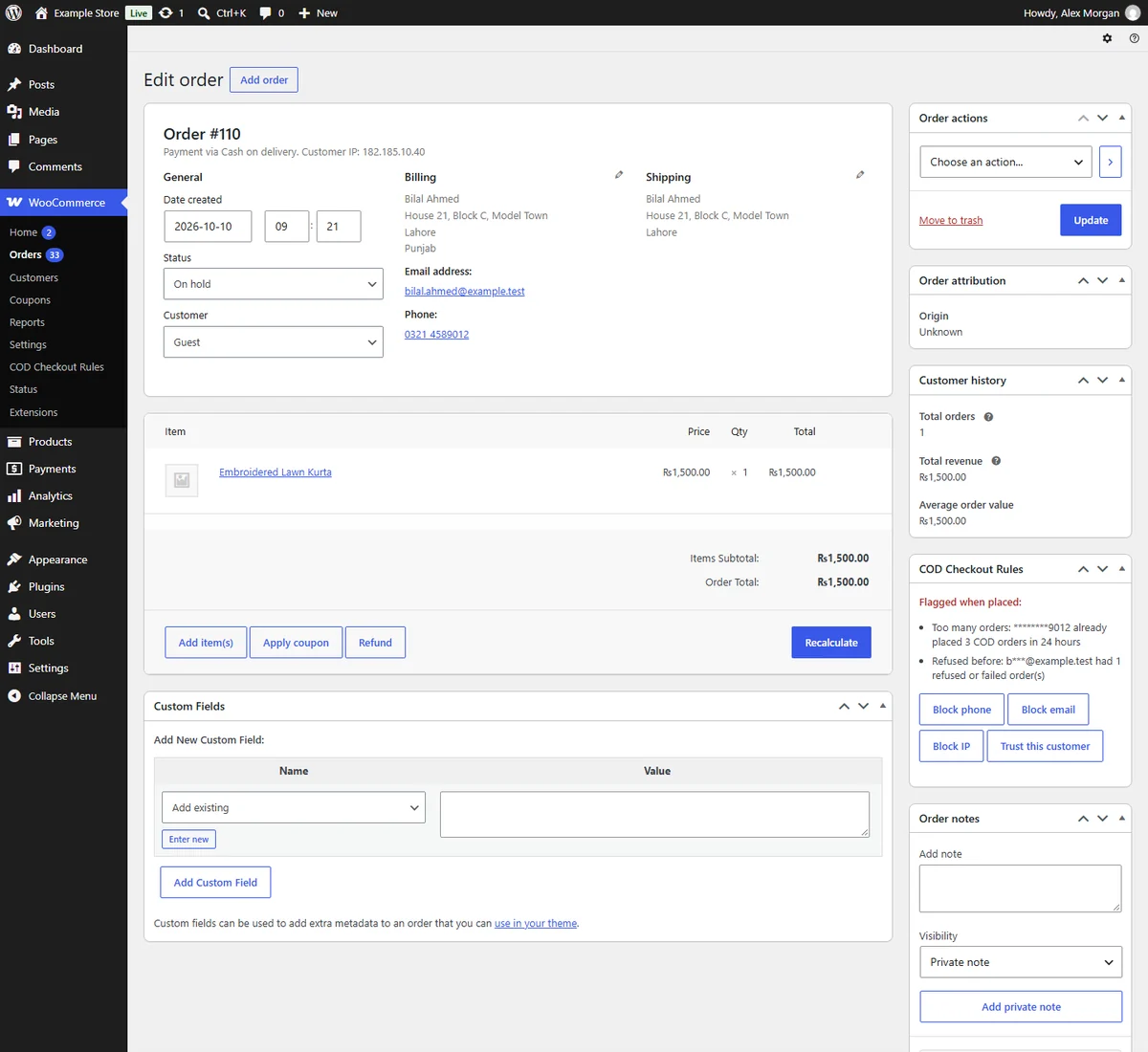 WooCommerce order screen with the COD Checkout Rules box showing why the order was flagged and buttons to block or trust the customer