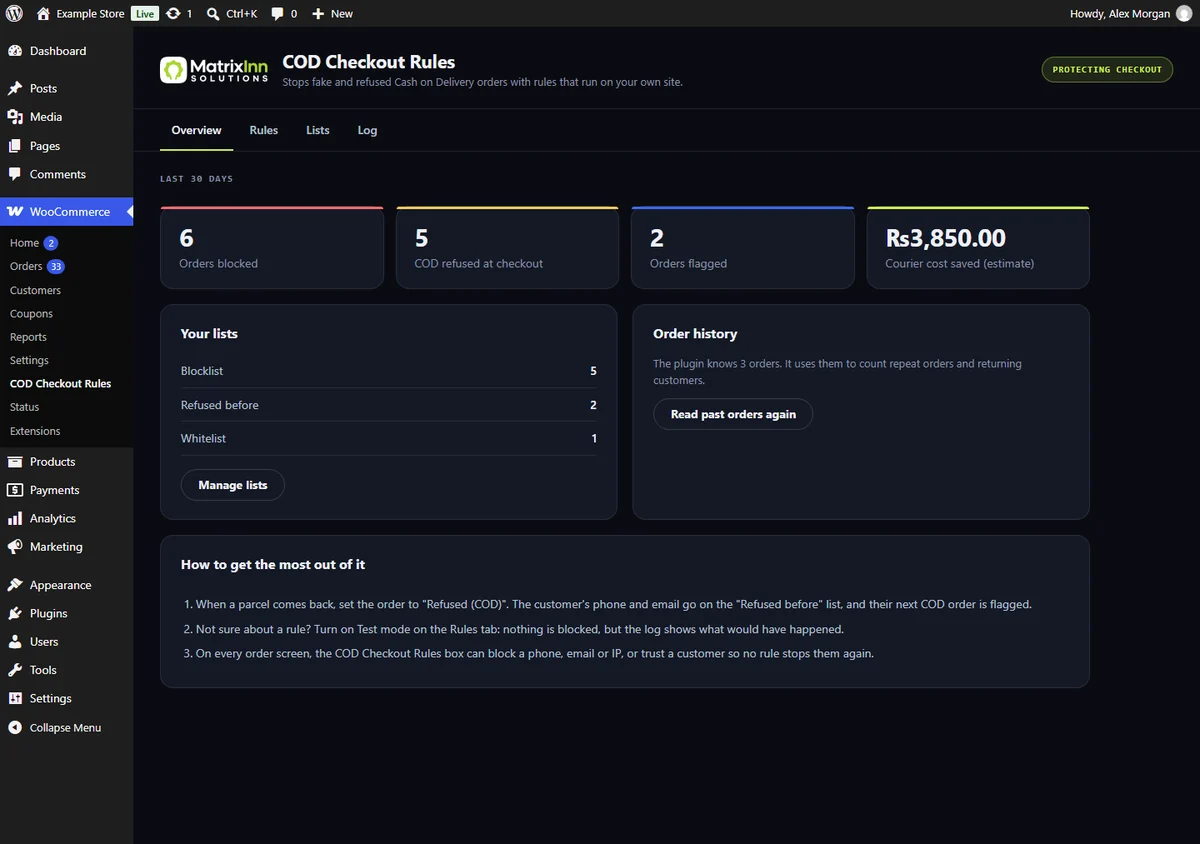 COD Checkout Rules overview with orders blocked, Cash on Delivery refused and orders flagged in the last 30 days, and the estimated courier cost saved