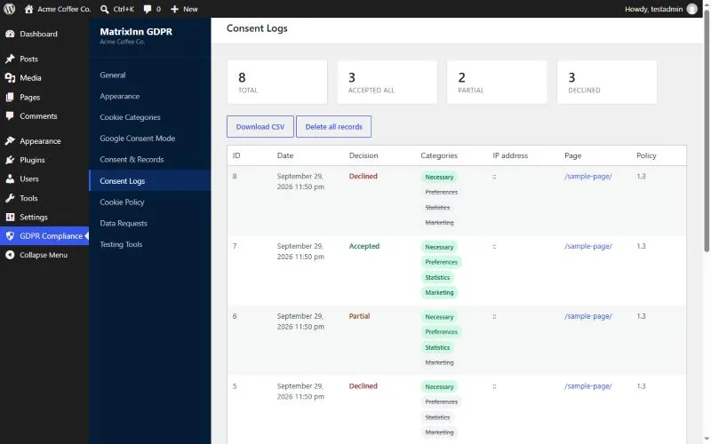 Consent Logs screen in WordPress admin with totals and per-visitor consent records