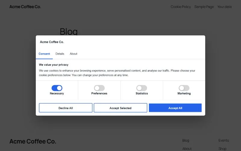 Consent tab of the MatrixInn GDPR cookie banner with Necessary, Preferences, Statistics and Marketing switches
