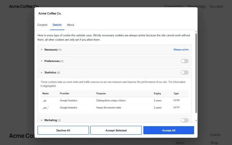 Details tab listing each cookie with provider, purpose, expiry and type