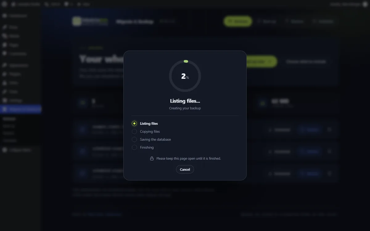 A backup in progress with every step shown