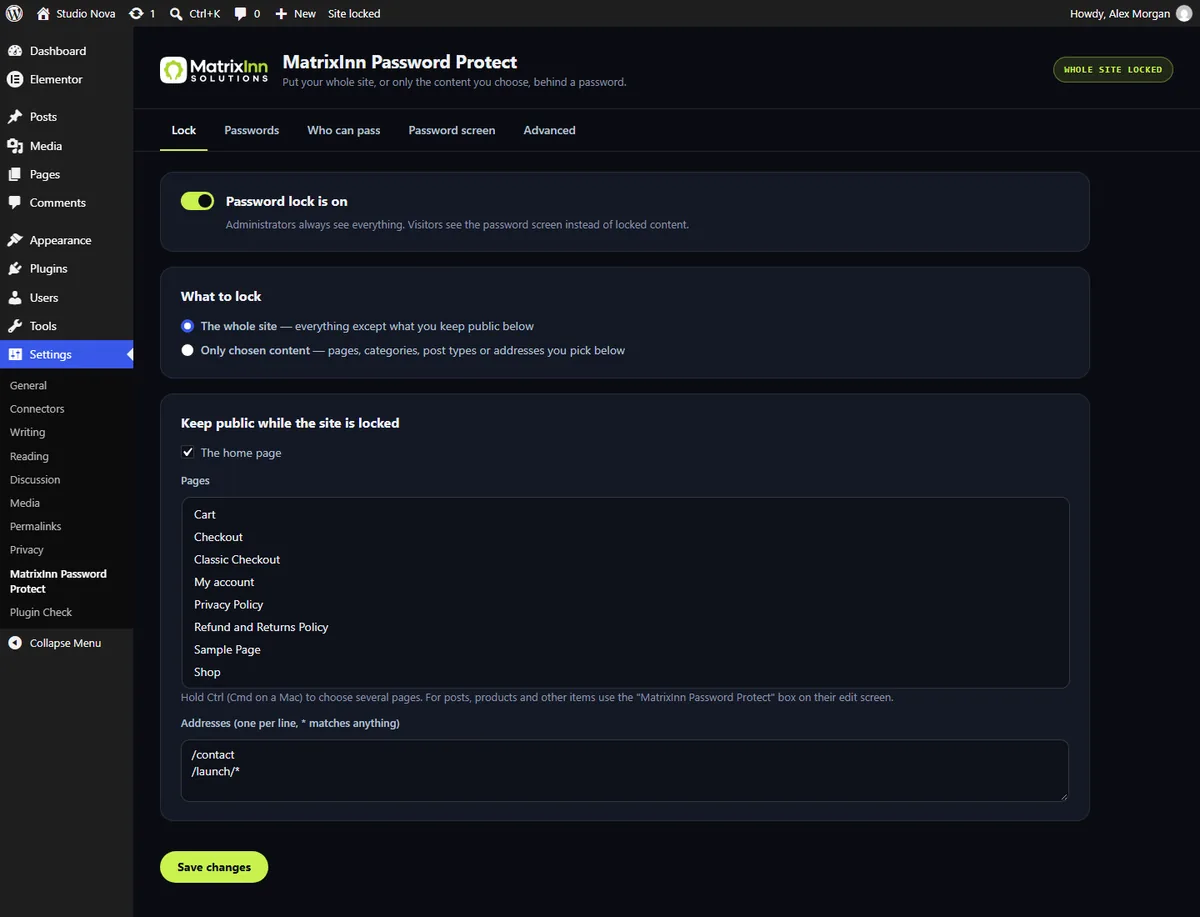 MatrixInn Password Protect Lock settings: lock the whole site with exceptions, or only chosen content