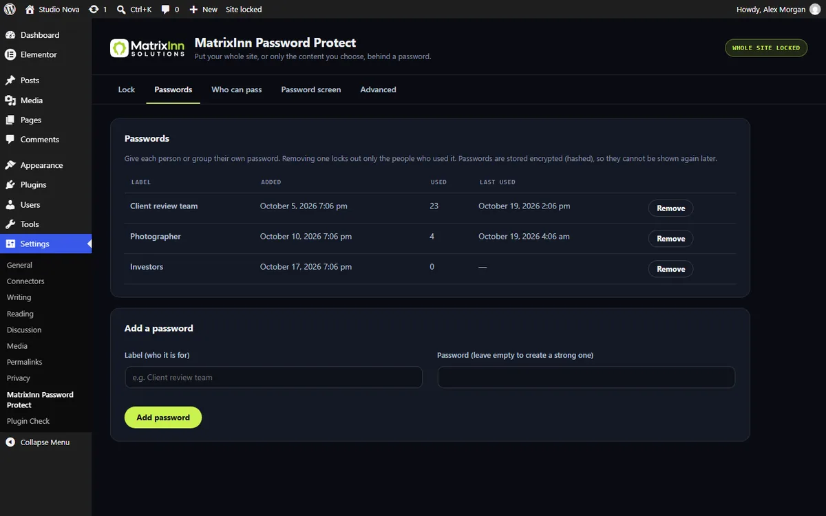 MatrixInn Password Protect Passwords settings with named passwords and how often each was used