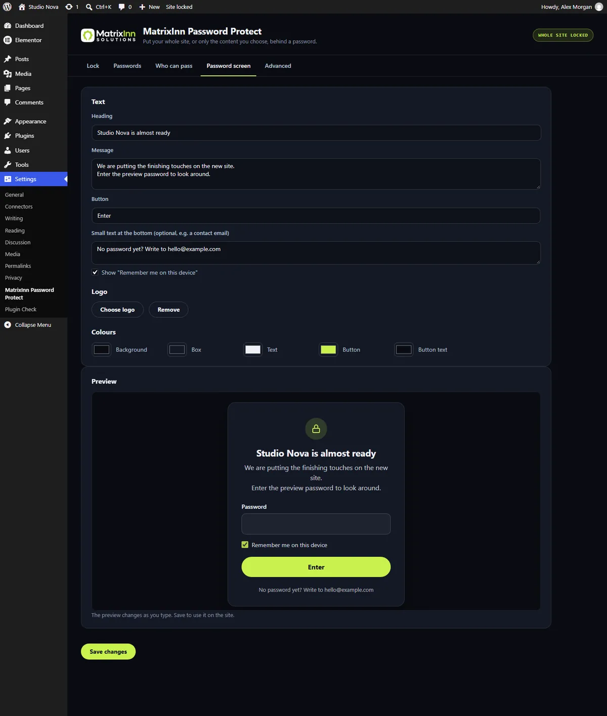 Password screen settings with text, logo and colours and a live preview
