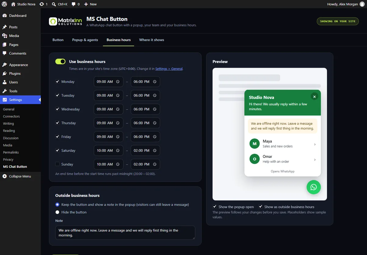 Business hours settings for each day of the week, with the offline note shown in the popup preview