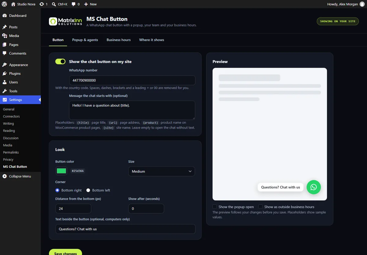 MS Chat Button settings: WhatsApp number, starting message with placeholders, colour, size and corner, with a live preview