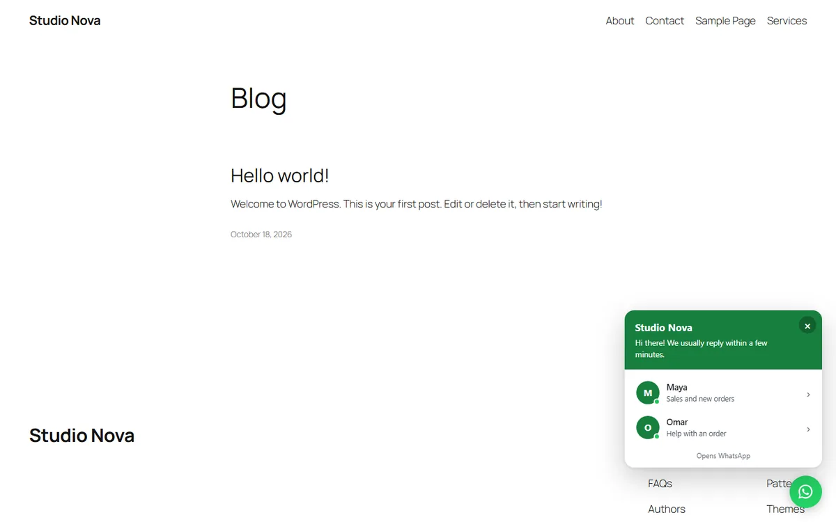 The floating chat button open on a WordPress site, with a greeting popup and two agents to choose from