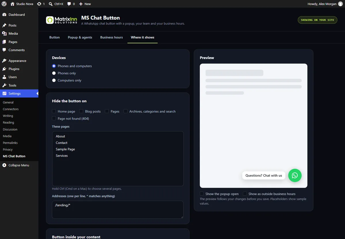 Where it shows settings: phones and computers, page kinds to hide the button on, chosen pages and addresses