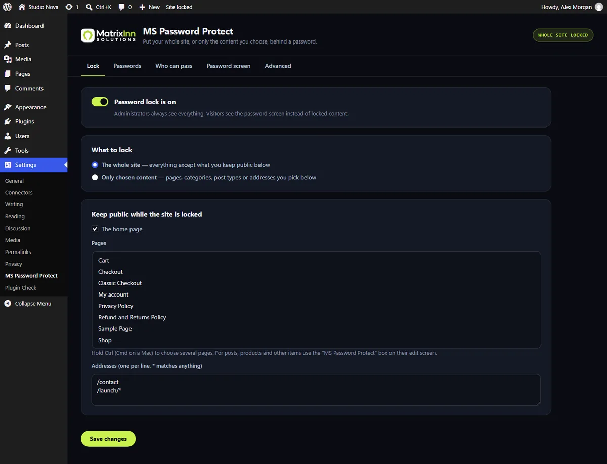 MS Password Protect Lock settings: lock the whole site with exceptions, or only chosen content