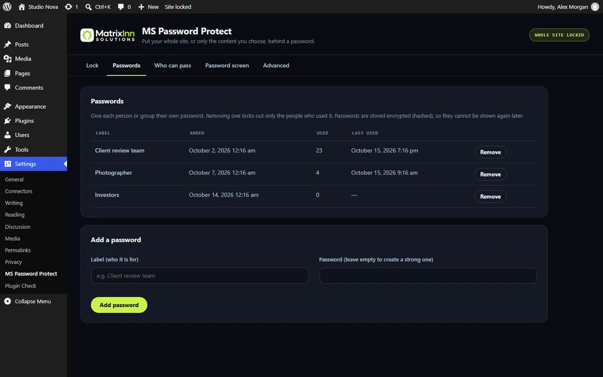 MS Password Protect Passwords settings with named passwords and how often each was used