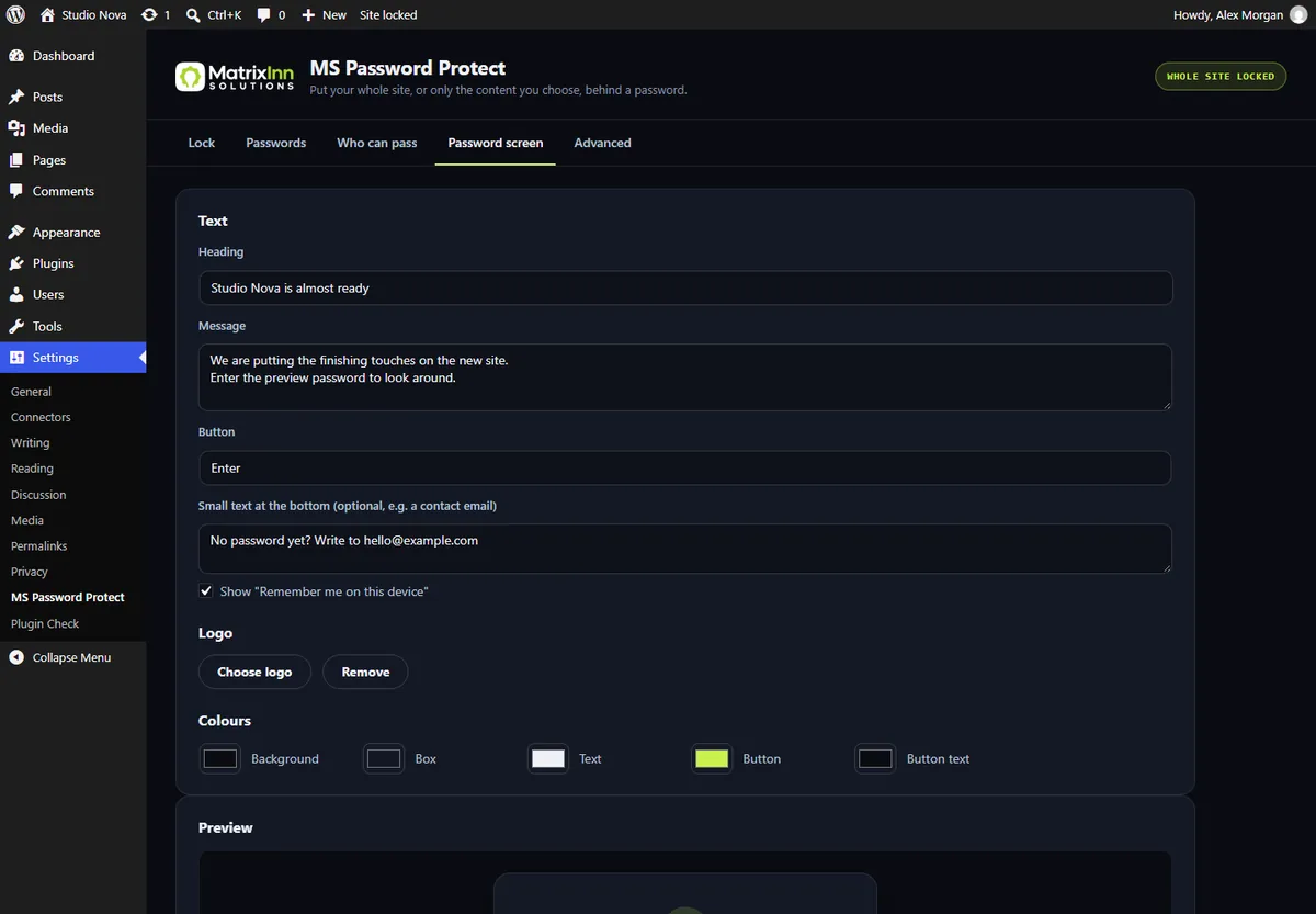 Password screen settings with text, logo and colours and a live preview