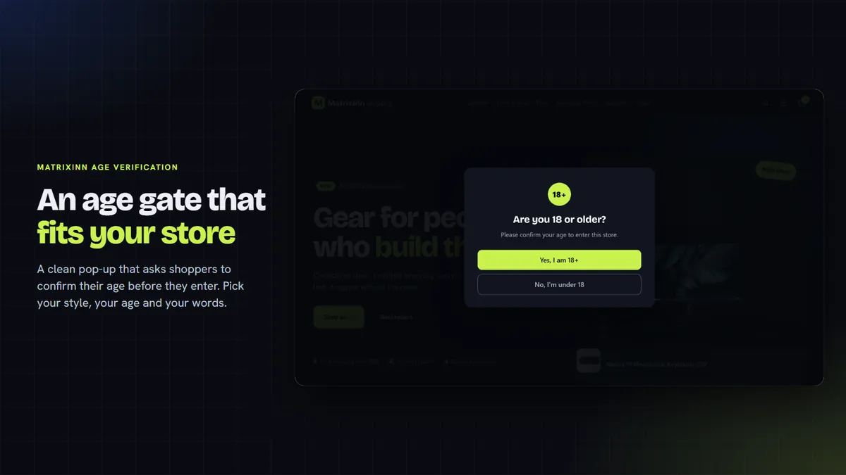 Store with an age confirmation pop-up in a dark style