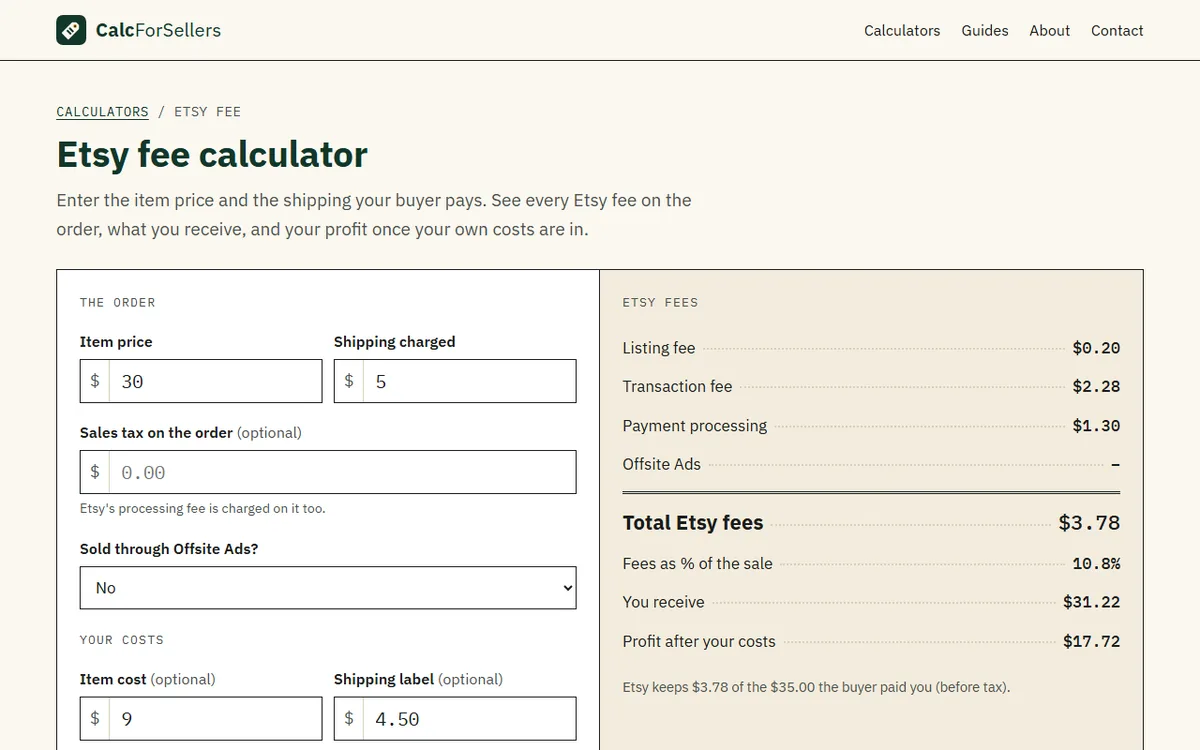 Etsy fee calculator showing the fees on a sale and the profit after them