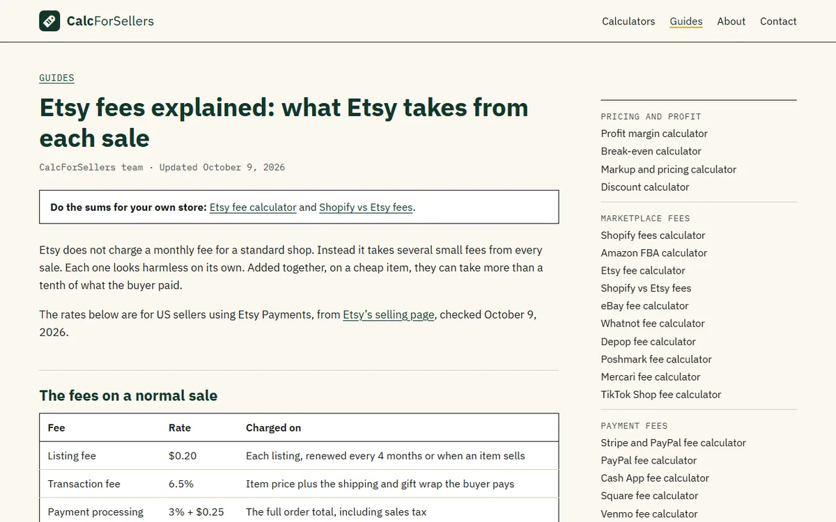 CalcForSellers guide that explains Etsy fees