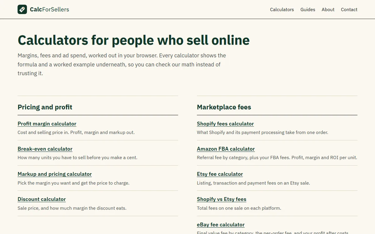 CalcForSellers home page with the calculators grouped by pricing, marketplace fees, payment fees and ads