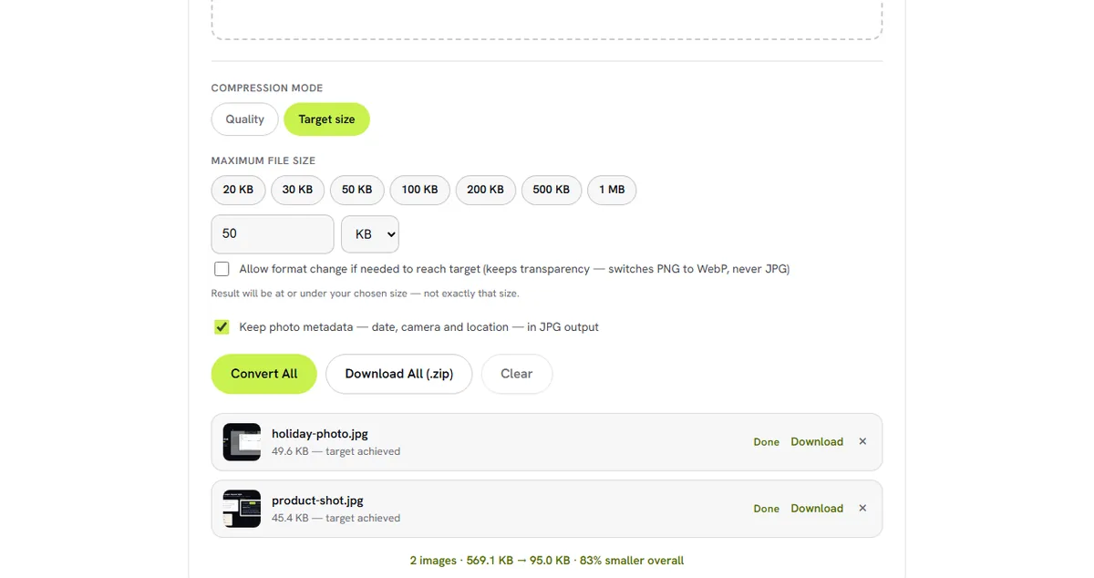Target size compression: two photos compressed to under 50 KB each