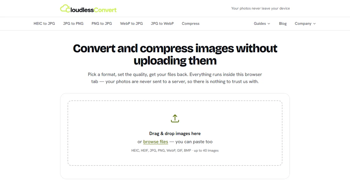 CloudlessConvert home screen: drop images to convert and compress them without uploading