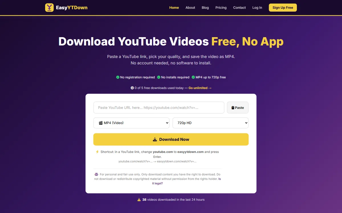 EasyYTDown home page with the YouTube link box, format and quality menus and the Download Now button