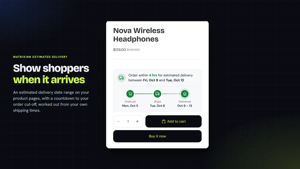 Product page with a delivery date timeline and countdown