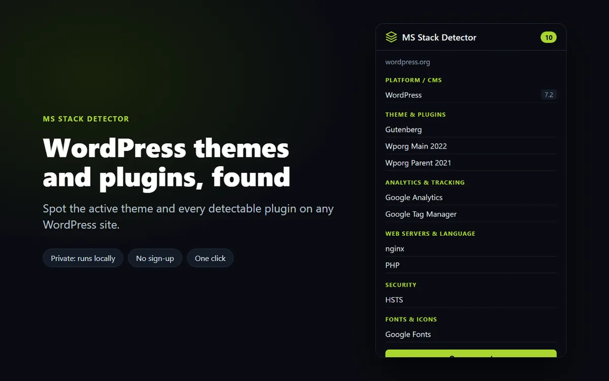 MS Stack Detector results for a WordPress site