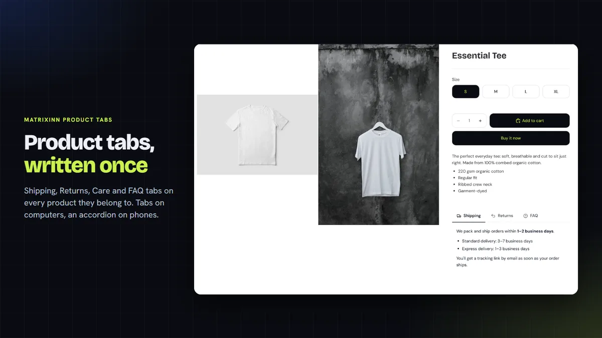 Product page with Shipping, Returns and FAQ tabs