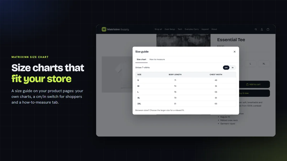 Product page with a size guide popup and cm/in switch